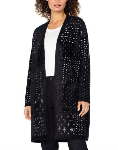 Long Slv Collarless Open Front Sweater Coat in black geometric patchwork, curated Fredericksburg TX boutique