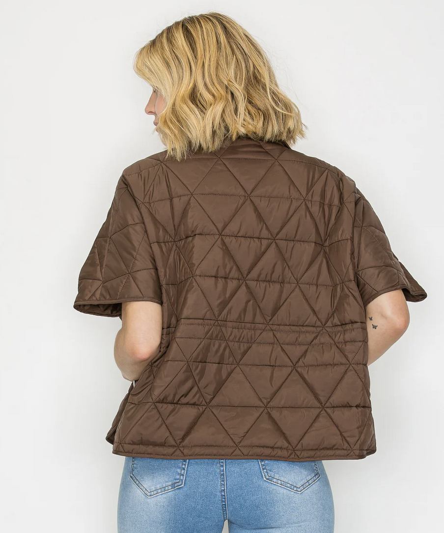 Jamel Puffer Jacket (UMBER) back view with diamond stitch pattern and short sleeves