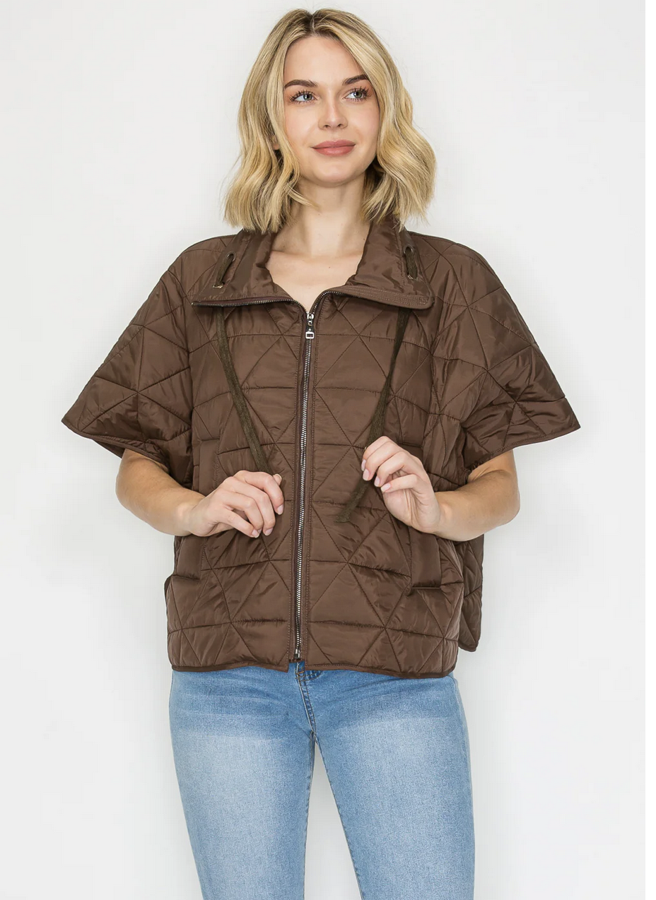 Jamel Puffer Jacket in UMBER with front zip and stand collar, short sleeves