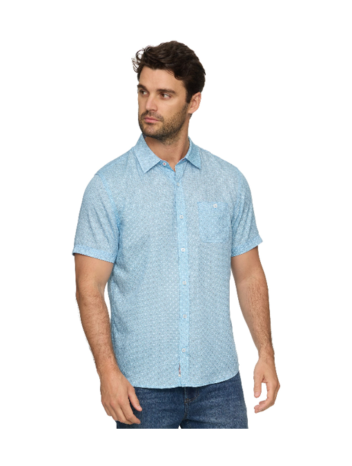 Coolidge SS Crescent Print Outdoor Performance Shirt in blue geometric pattern, 100% lyocell by FLAG & ANTHEM
