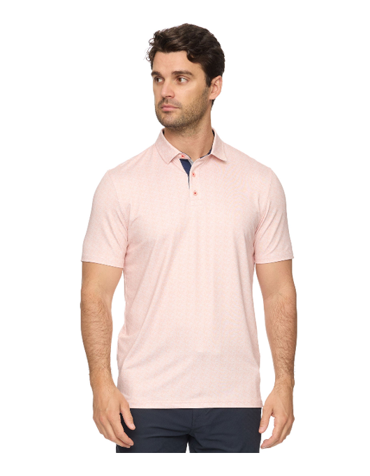 Cloverdale SS Leaf Print Performance Polo in white and orange, moisture-wicking men's shirt