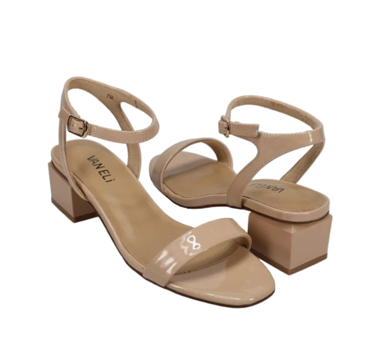 Cordie - Nude Patent beige patent leather ankle-strap sandal with block heel VANELI HCO