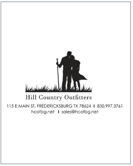 Silhouette of a couple standing together with a walking stick above text including Hill Country Outfitters contact details promoting the Hill Country Outfitters Gift Card, personally curated in Fredericksburg, Texas.