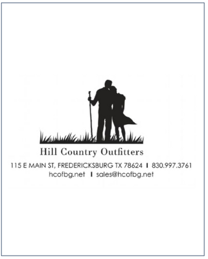 Silhouette of a couple standing together with a walking stick above text including Hill Country Outfitters contact details promoting the Hill Country Outfitters Gift Card, personally curated in Fredericksburg, Texas.