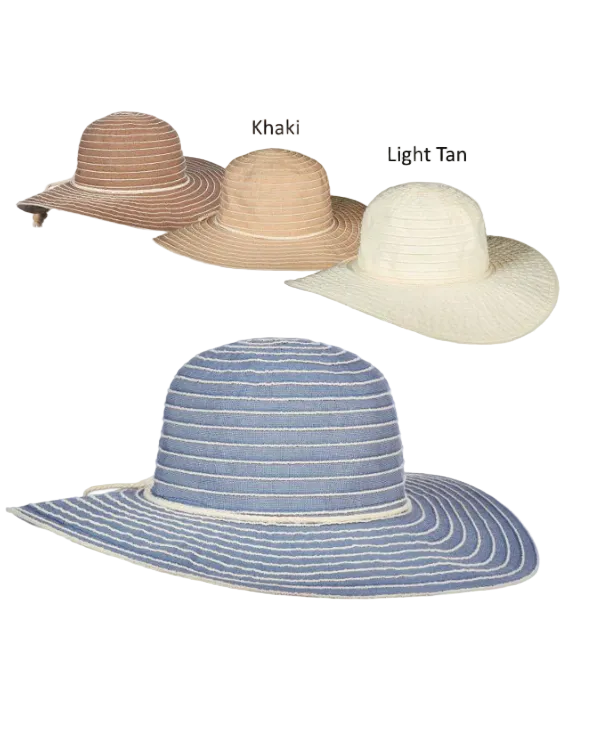Sonia Ribbon Crown 4" striped wide brim hats in khaki, light tan, and blue, curated Fredericksburg