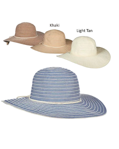 Sonia Ribbon Crown 4" striped wide brim hats in khaki, light tan, and blue, curated Fredericksburg