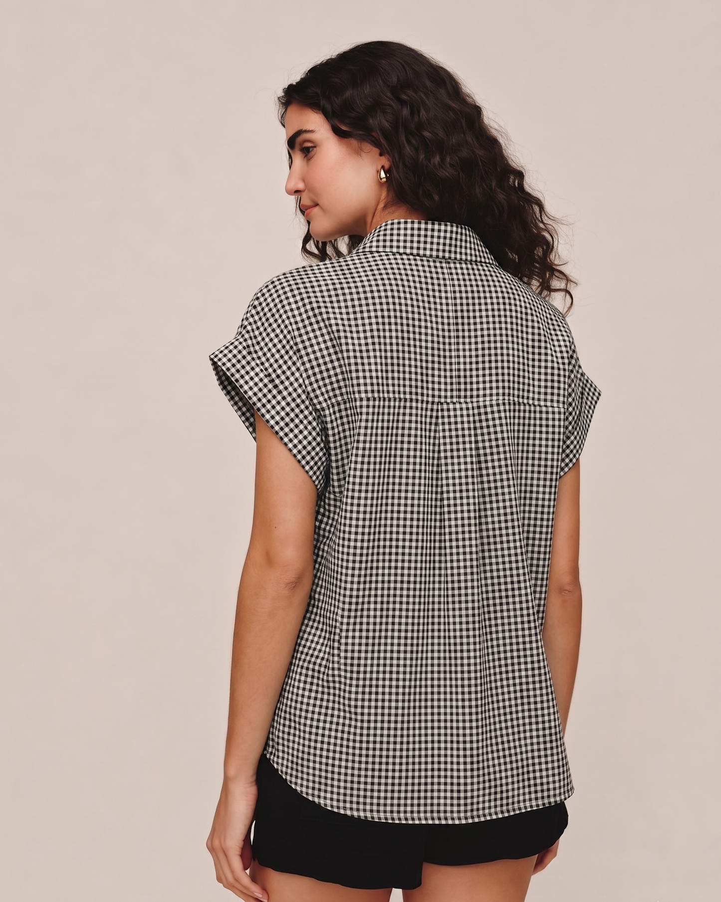 Short Roll Sleeve Shirt - Black Micro Gingham