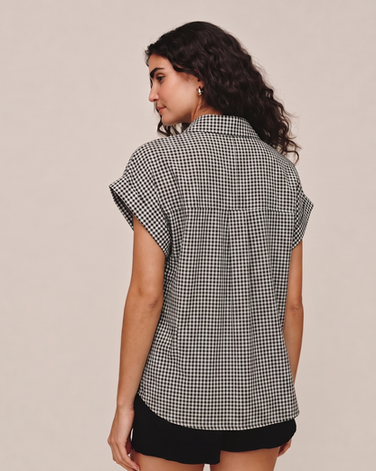Short Roll Sleeve Shirt - Black Micro Gingham