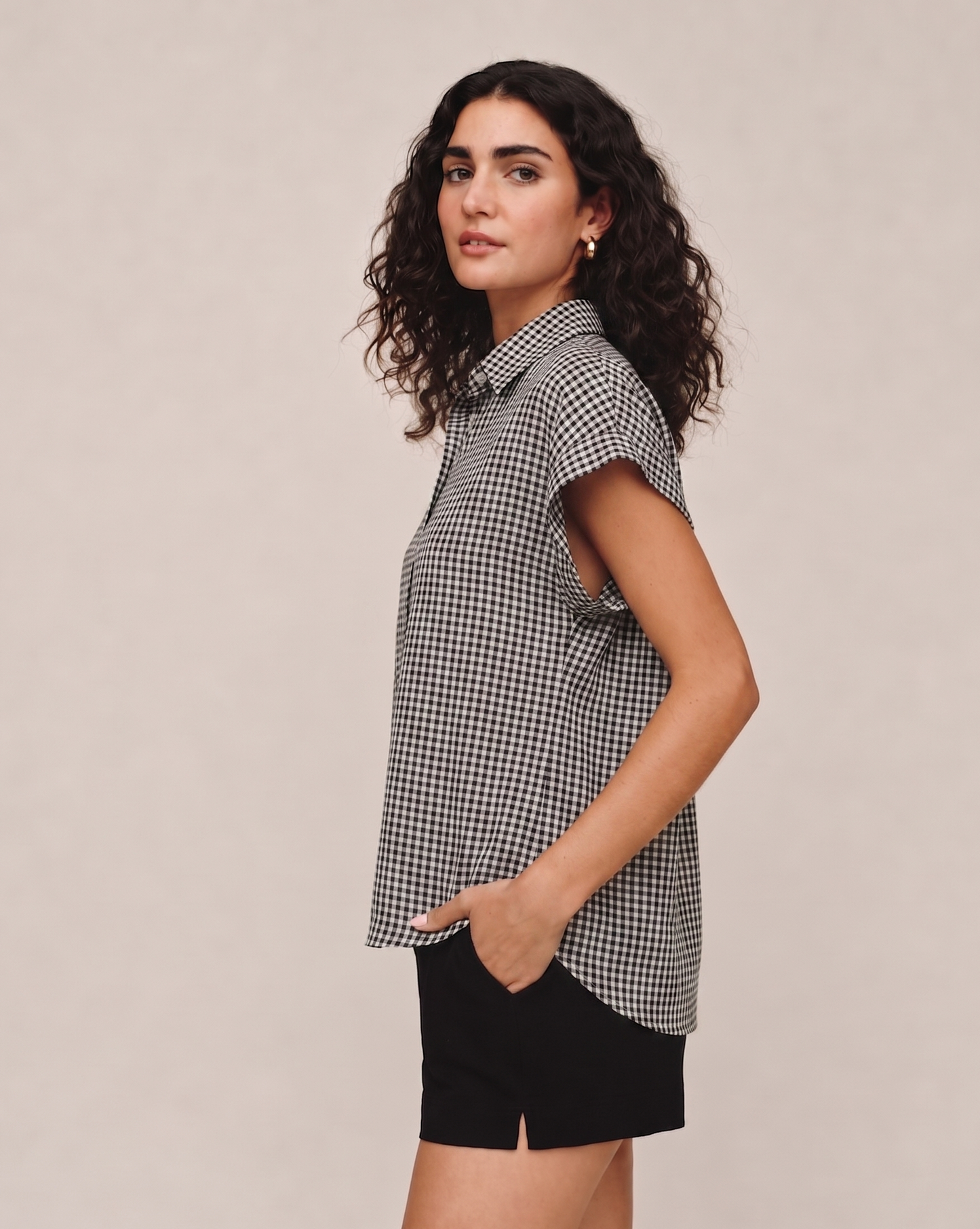 Short Roll Sleeve Shirt - Black Micro Gingham