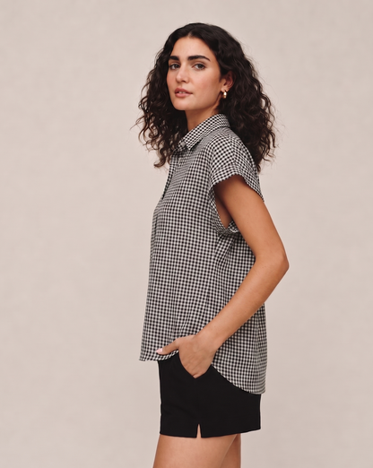 Short Roll Sleeve Shirt - Black Micro Gingham