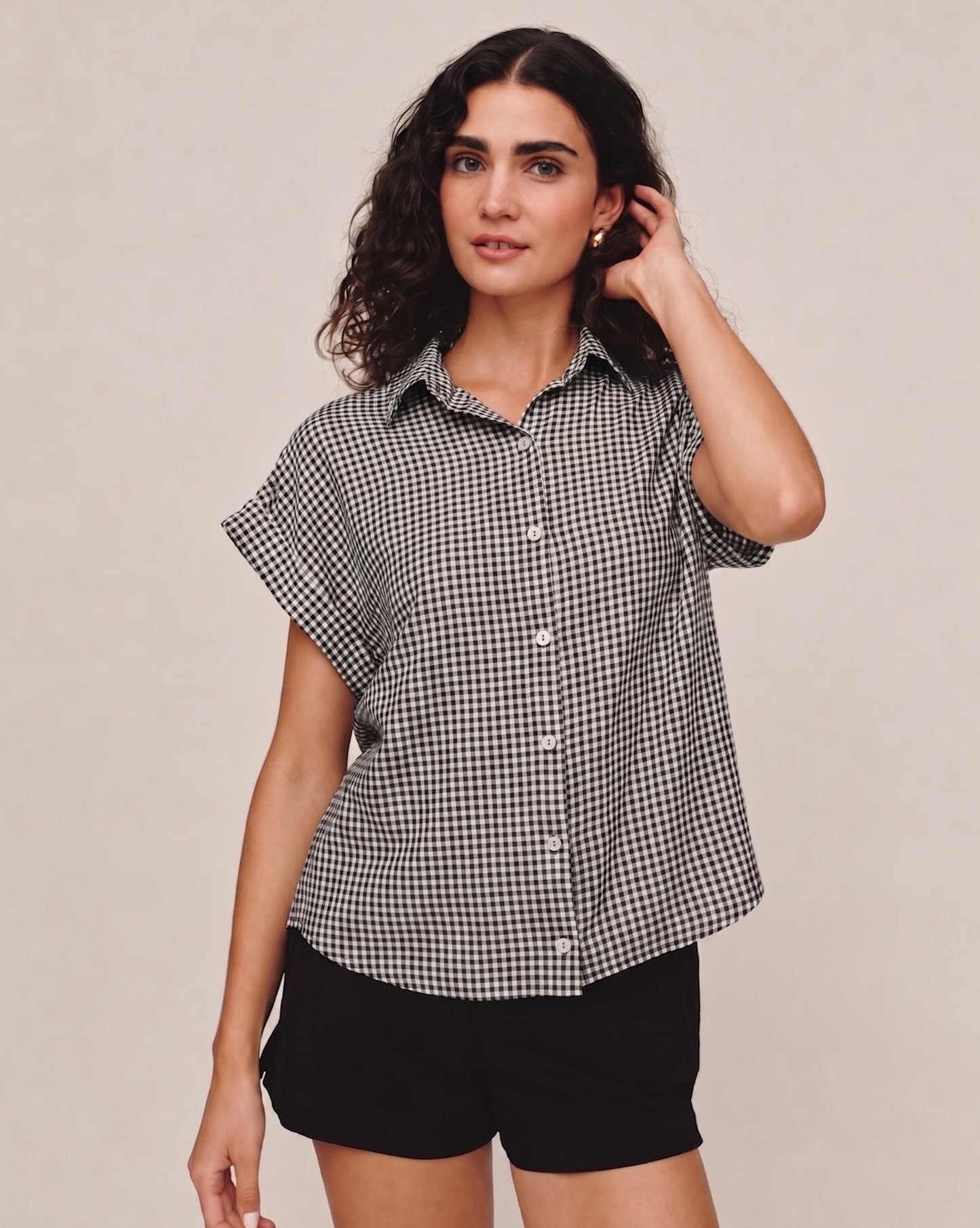 Short Roll Sleeve Shirt - Black Micro Gingham