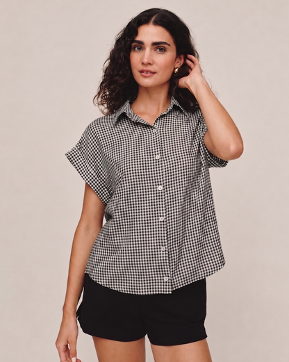 Short Roll Sleeve Shirt - Black Micro Gingham