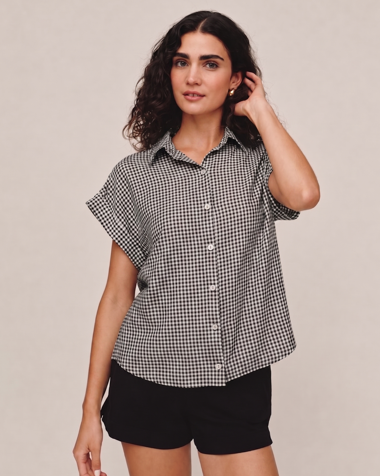 Short Roll Sleeve Shirt - Black Micro Gingham