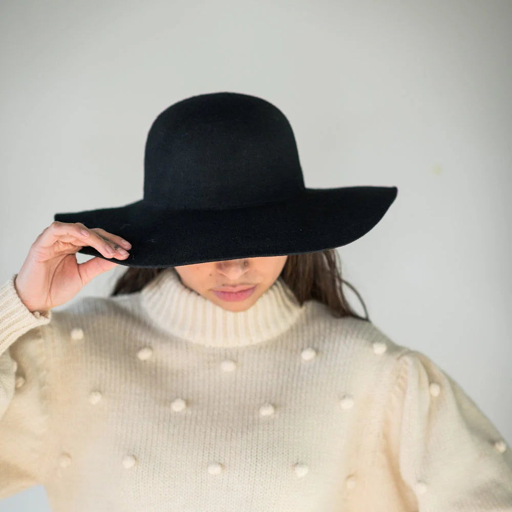 Wool Felt Big Brim black hat with floppy round crown, stylish women's accessory curated Fredericksburg