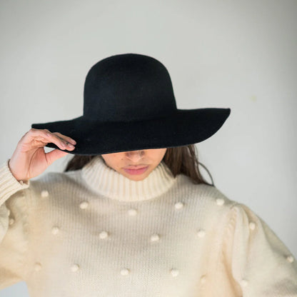 Wool Felt Big Brim black hat with floppy round crown, stylish women's accessory curated Fredericksburg