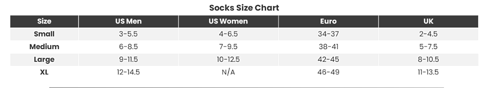 Sock size chart showing US men, women, Euro, and UK sizes for small to XL categories