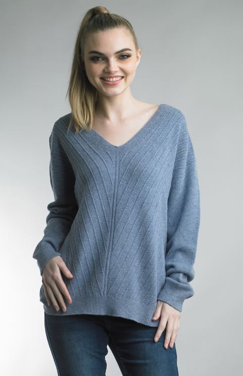 V Pattern Vneck Sweater in soft blue knit, TEMPO PARIS, Women’s Sweaters SALE Fredericksburg TX