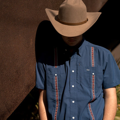 Guayabera Libre Libertad in navy with red and white geometric embroidery by TEXAS STANDARD