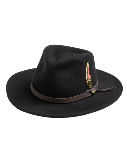 Crushable Felt Outback black wool felt hat with leather band and decorative feather accent
