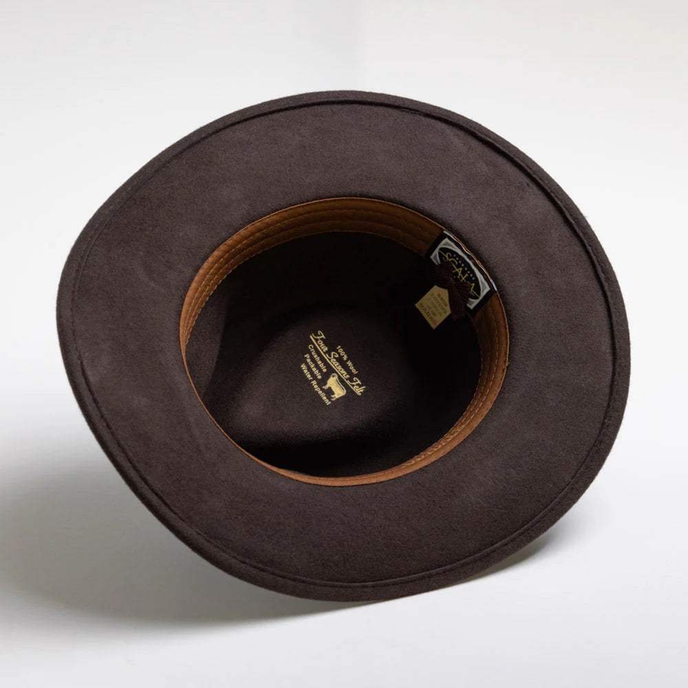 Crushable Felt Outback brown water-repellent wool hat with leather sweatband, men's outdoor style