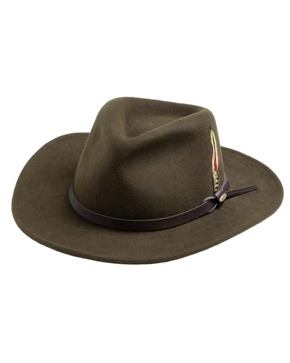 Crushable Felt Outback brown wool felt men's hat with leather band and feather accent