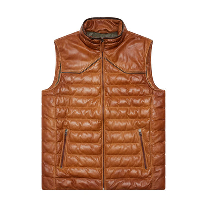 Maverick Leather Vest in brown lambskin with quilted puffer design and contrast piping by TEXAS STANDARD
