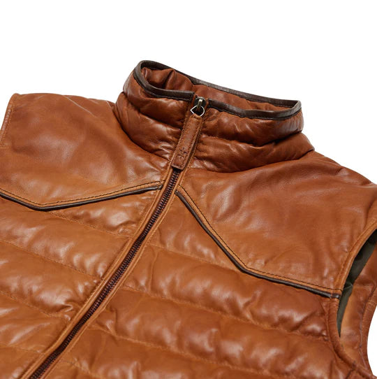 Maverick Leather Vest in brown lambskin with quilted puffer texture and contrast piping by TEXAS STANDARD