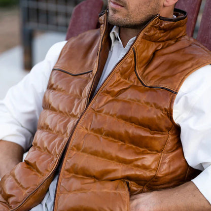 Maverick Leather Vest in brown lambskin with quilted puffer design and contrast piping by TEXAS STANDARD