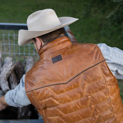 Maverick Leather Vest in brown lambskin with quilted yoke and contrast piping by TEXAS STANDARD