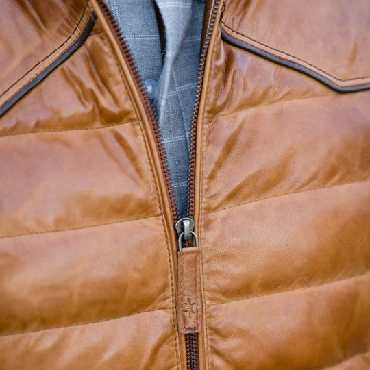 Maverick Leather Vest in brown lambskin featuring quilted puffer style with contrast piping by TEXAS STANDARD