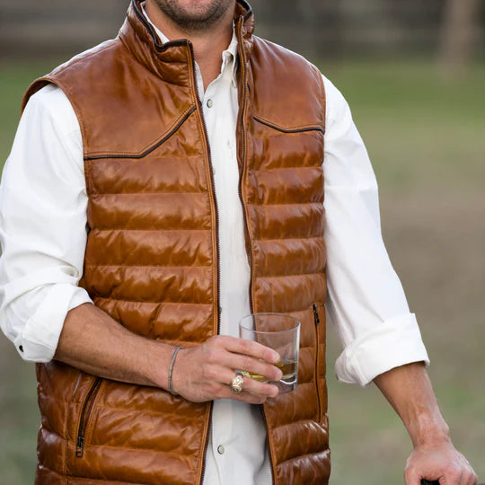 Maverick Leather Vest in brown lambskin with quilted pattern and contrast piping by TEXAS STANDARD