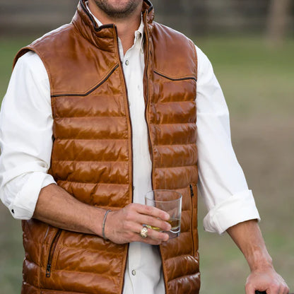 Maverick Leather Vest in brown lambskin with quilted pattern and contrast piping by TEXAS STANDARD
