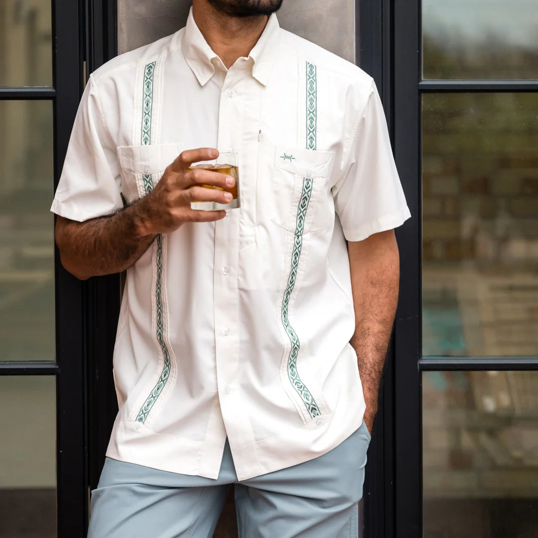 Guayabera Libre - Costa Blanca white geometric short sleeve moisture wicking shirt by TEXAS STANDARD