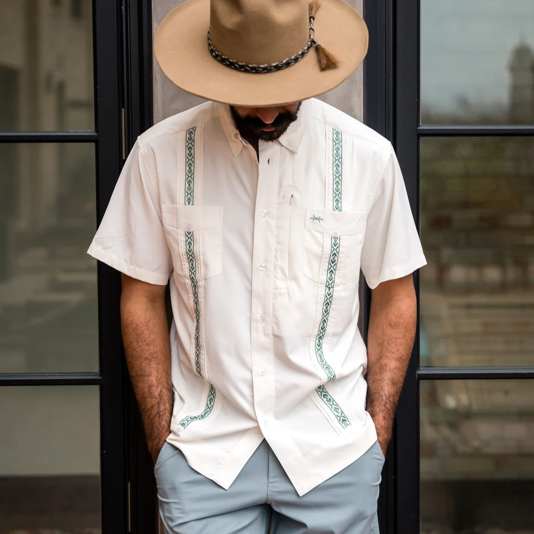 Guayabera Libre - Costa Blanca white geometric short sleeve with moisture wicking by TEXAS STANDARD