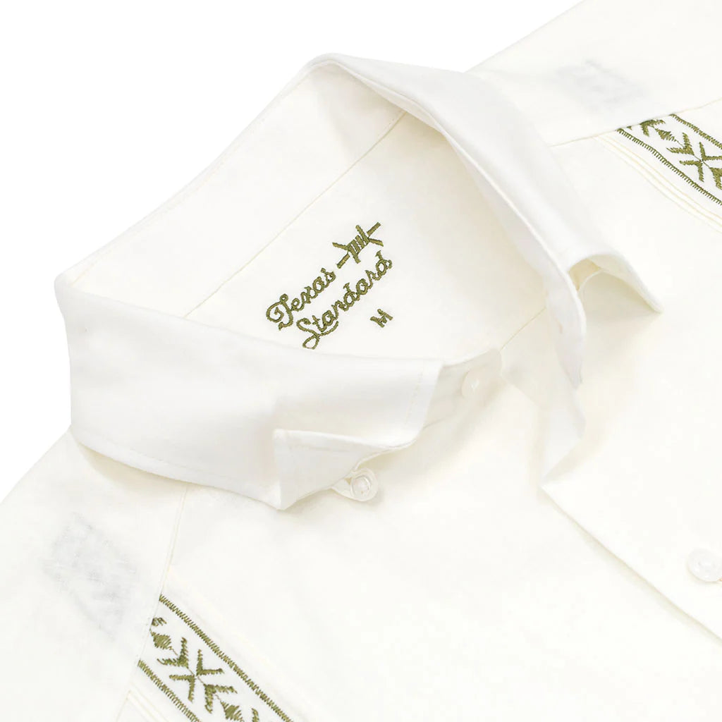 Tejas Guayabera - Flores in ivory with green geometric floral embroidery, TEXAS STANDARD shirt