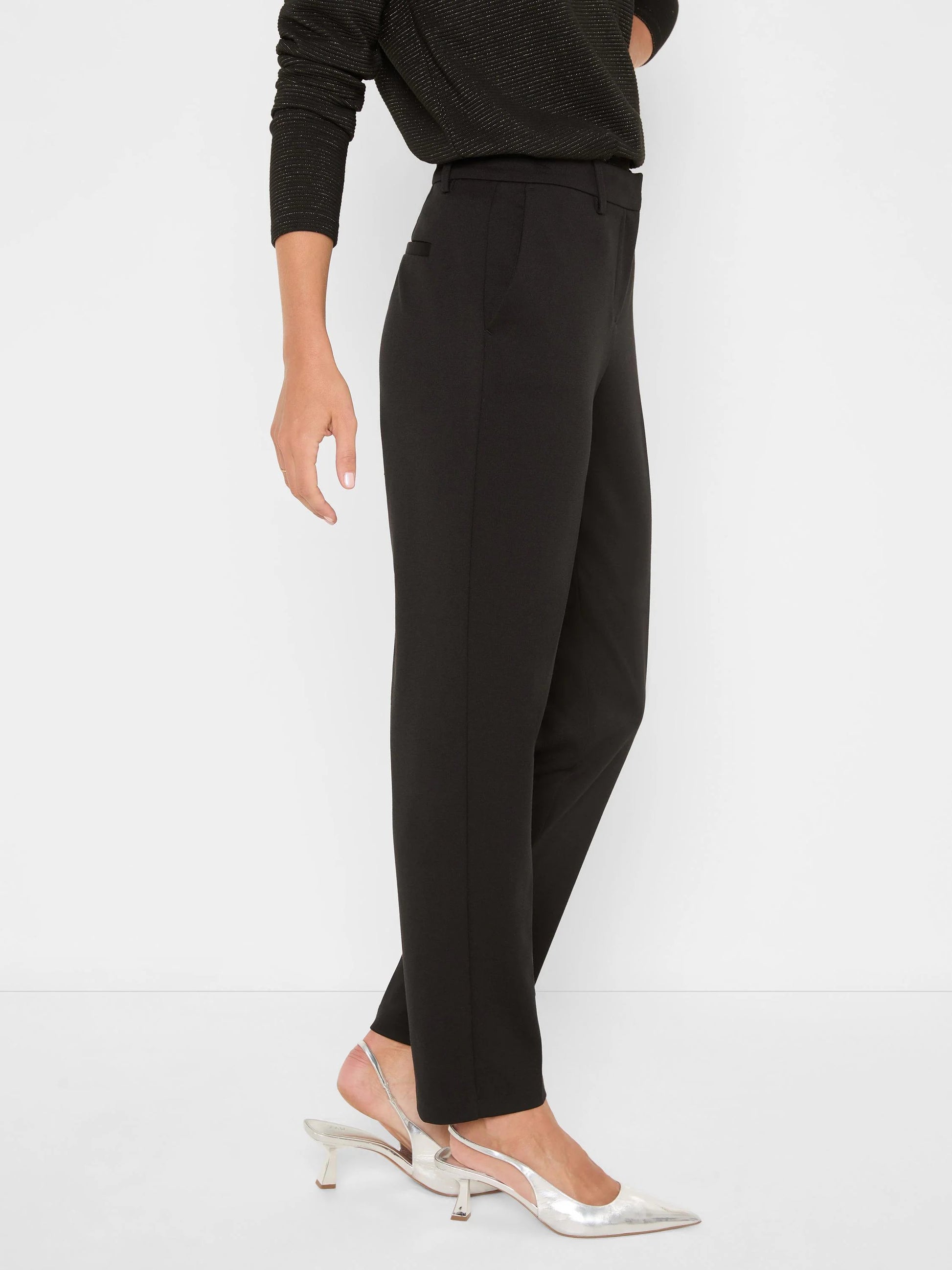 28" Ponte Knit Trouser in black stretch fabric with tapered slim leg by NIC AND ZOE, women's pants