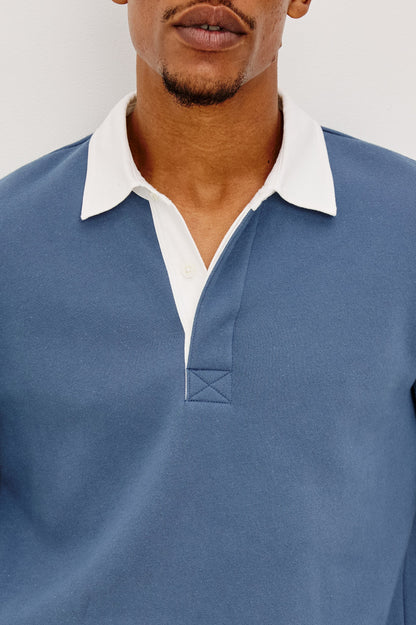 Wright Polo Shirt - Vintage Steel with white contrast collar, midweight fleece, by RAILS, Fredericksburg boutique