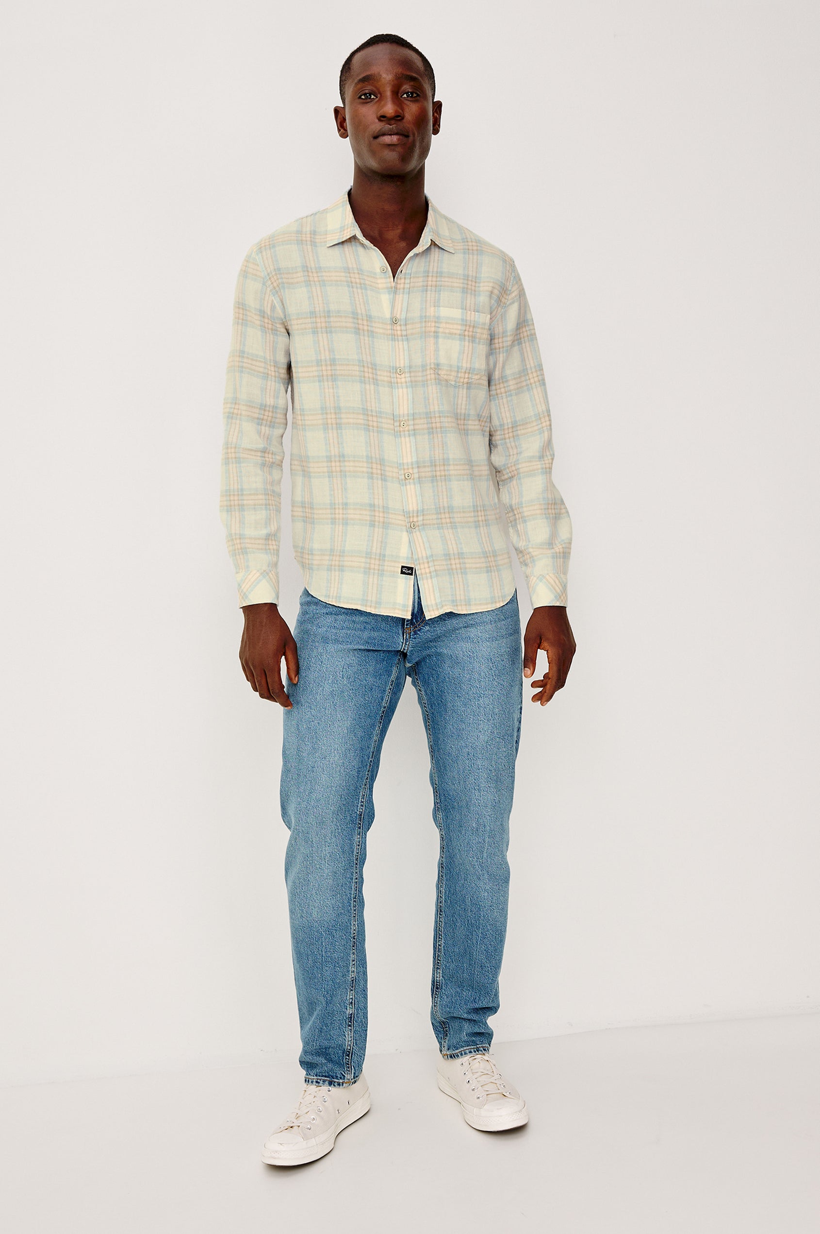 Wyatt - Conch Shore plaid cotton slub shirt by RAILS in relaxed fit, styled with casual denim