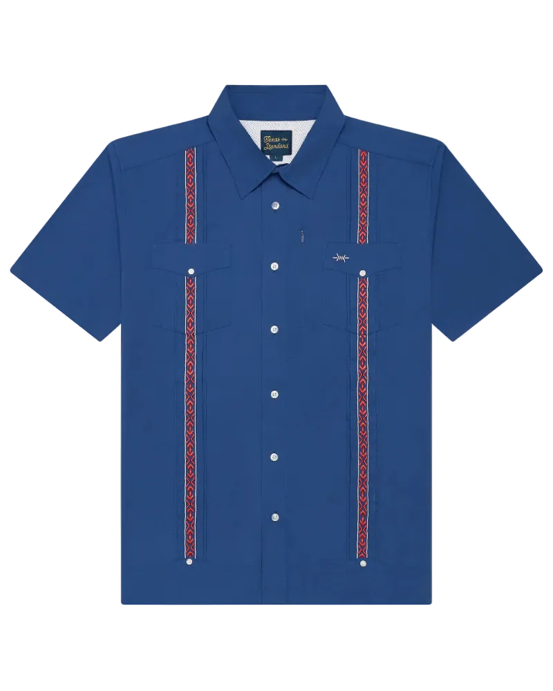 Guayabera Libre Libertad in navy blue with red geometric embroidery from TEXAS STANDARD