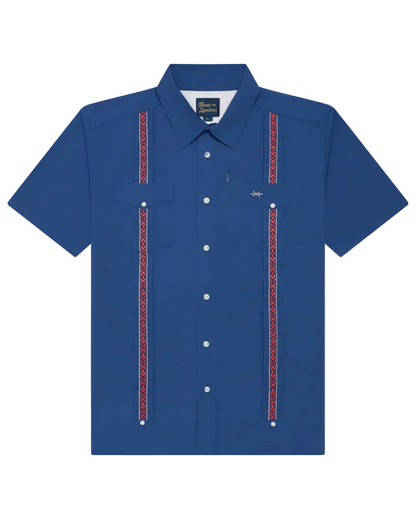 Guayabera Libre Libertad in navy blue with red geometric embroidery from TEXAS STANDARD