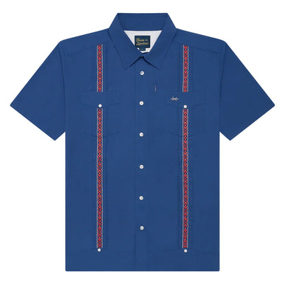 Guayabera Libre Libertad in navy with red and white geometric embroidery by TEXAS STANDARD