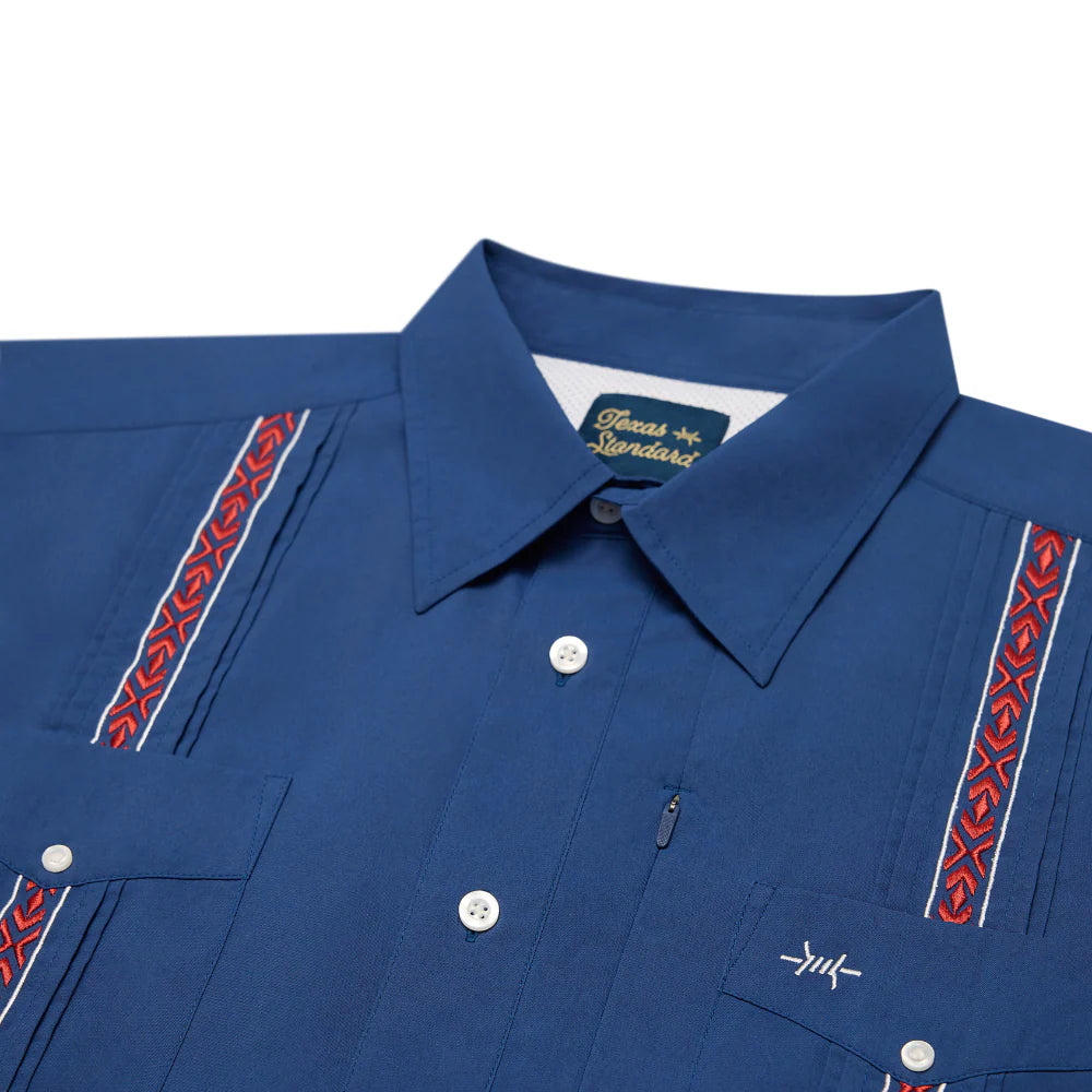 Guayabera Libre Libertad in navy with red and white geometric embroidery by TEXAS STANDARD
