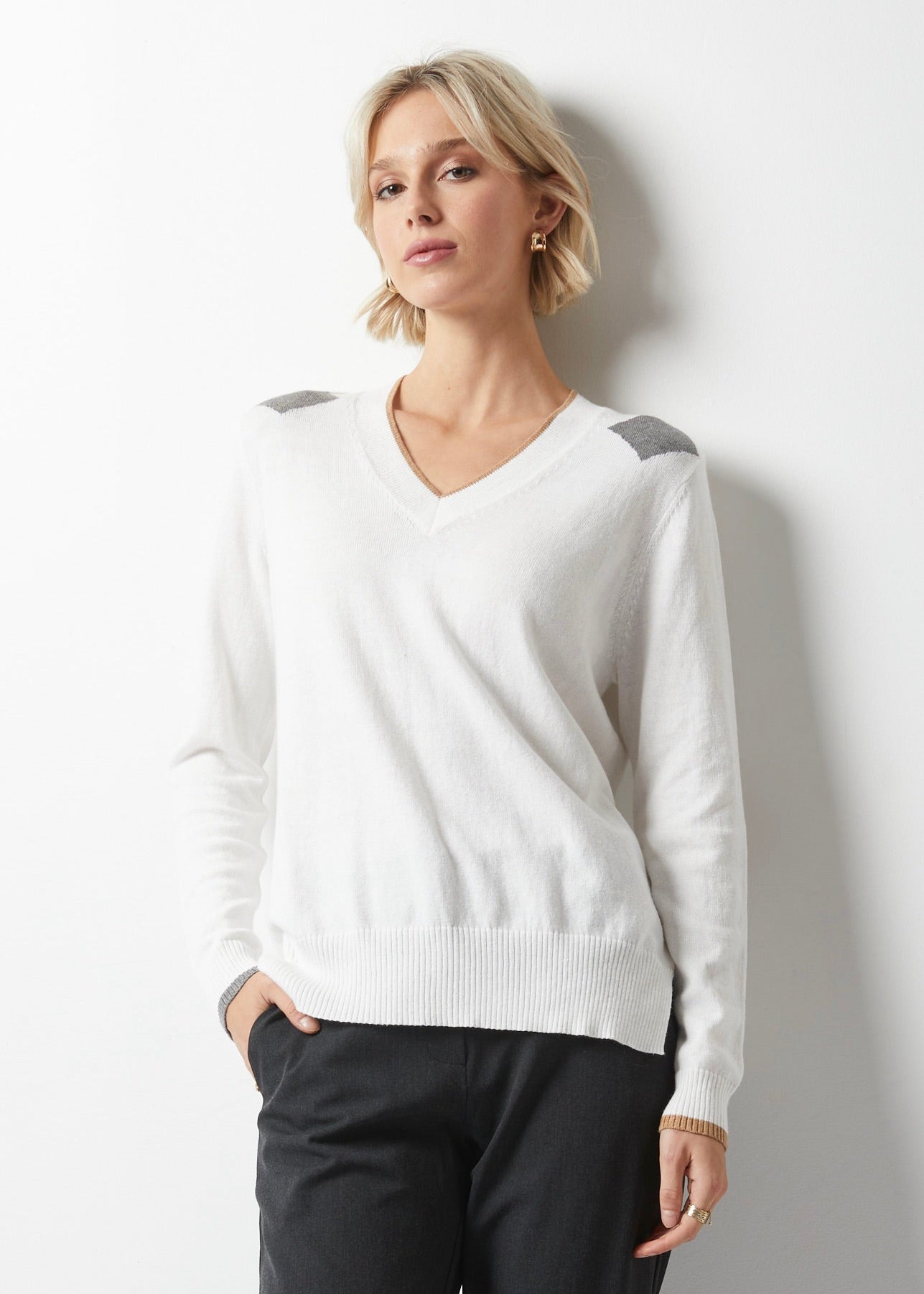 Diamond Dapper Sweater in white with gray shoulder patches by ZAKET AND PLOVER Women's Sweaters
