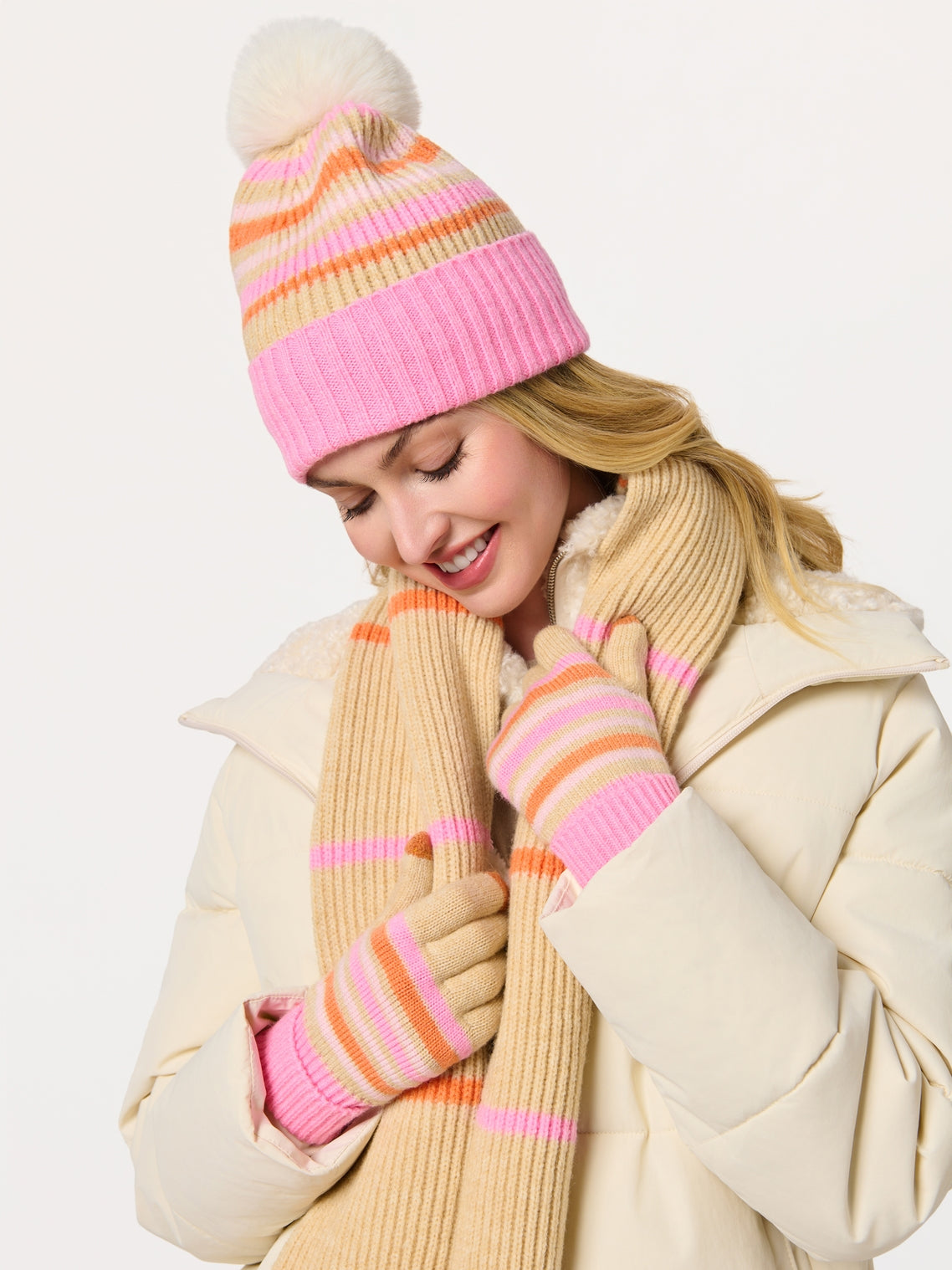 Elle Scarf with striped beige, pink, and orange pattern by SHIRALEAH at HCO Fredericksburg Texas