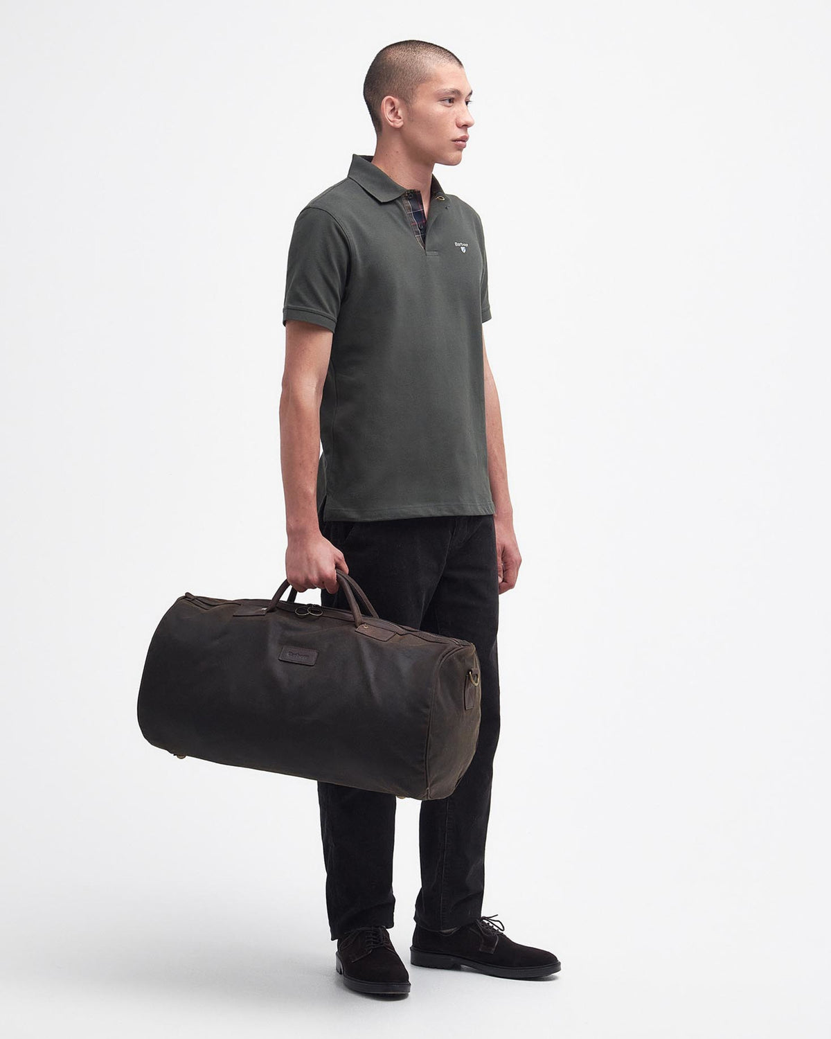 Wax Holdall in brown and green waxed cotton with leather trims, BARBOUR INC., Bags collection
