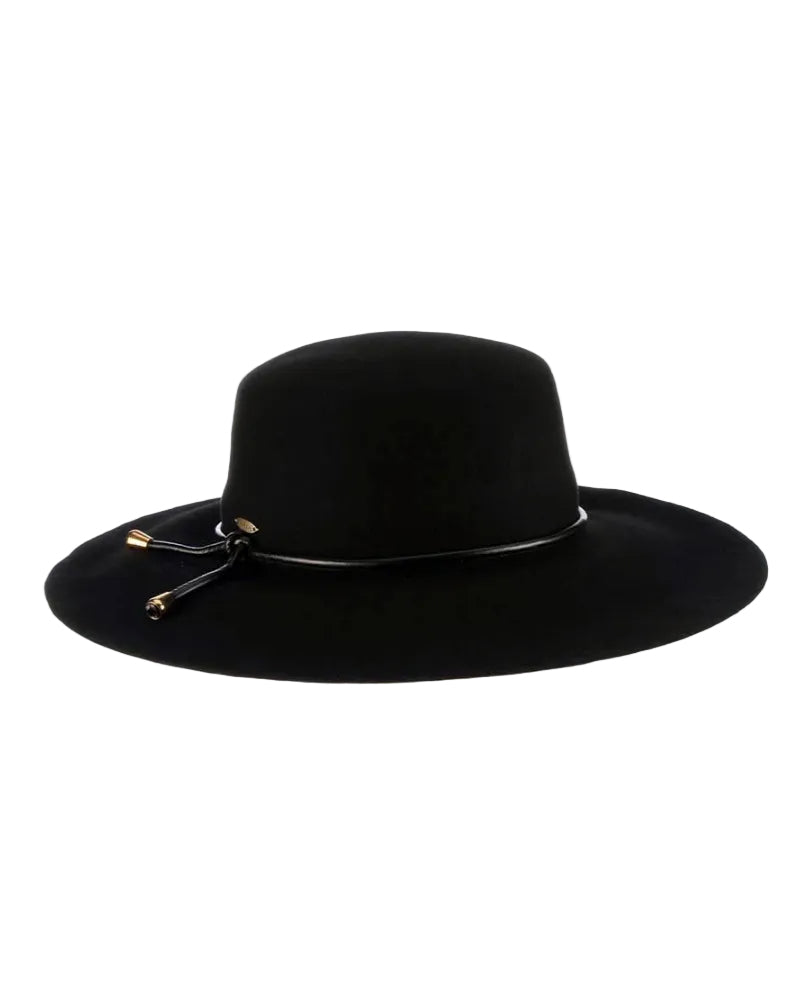 Adelle Boater black wide brim hat with inner drawstring and gold tipped leather ties