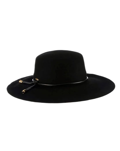 Adelle Boater black wide brim hat with inner drawstring and gold tipped leather ties