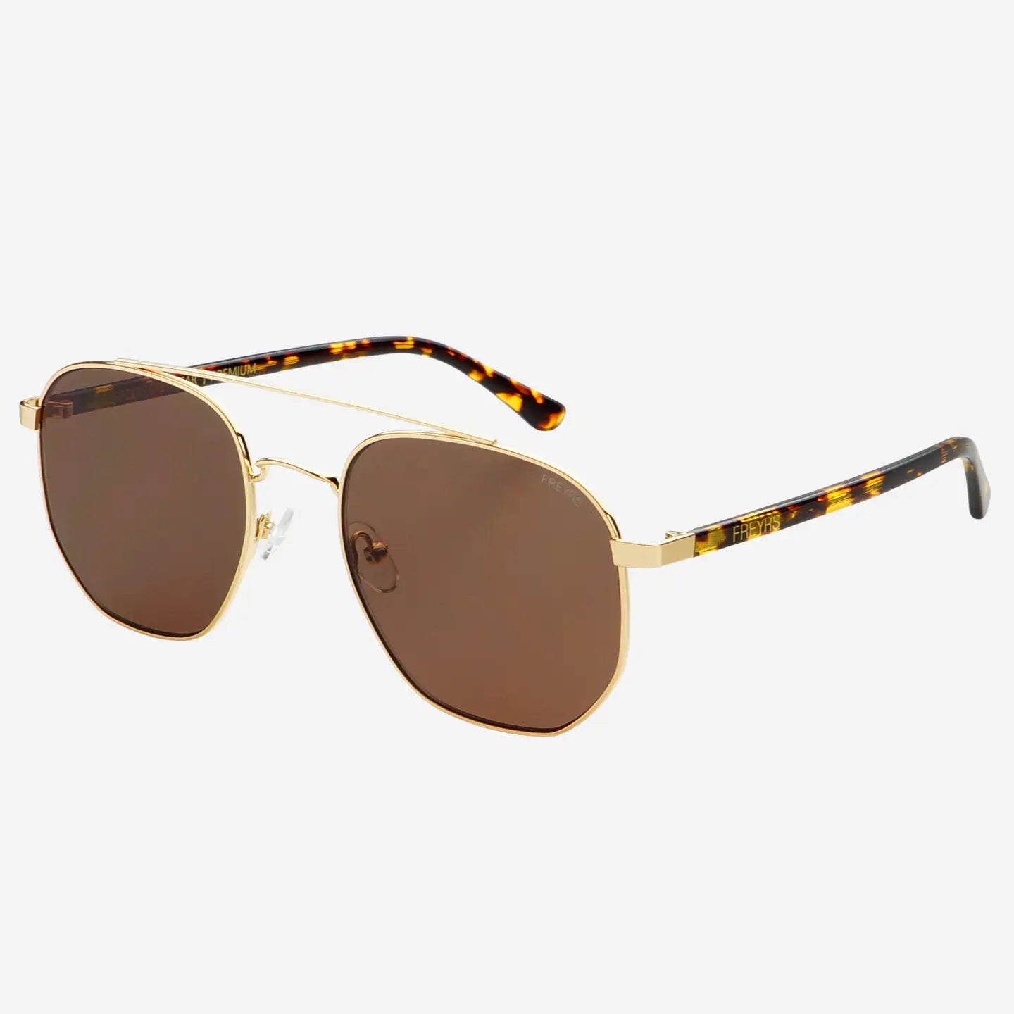 Austin Unisex sunglasses side view, gold frame with brown lenses and tortoise temples.