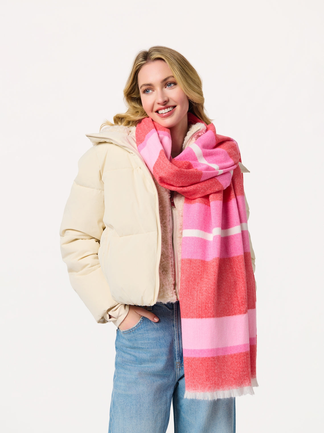 Kayla Scarf with wide pink and coral stripes, lightweight and cozy, SHIRALEAH at HCO FBG