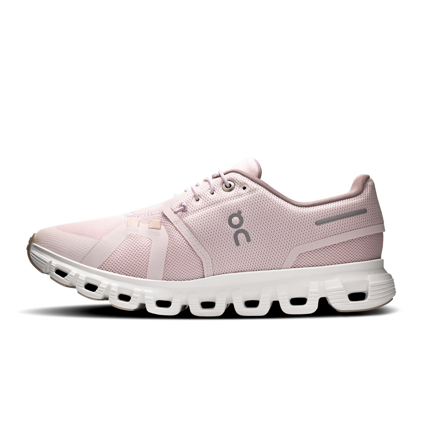 Cloud 6 W Orchid/Fade running shoe, side view with ON logo, lace-up front, white sole
